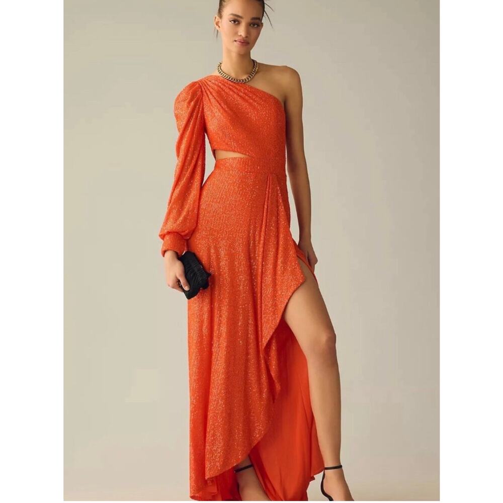 Mac Duggal Sequined tangerine orange Gown 26730 Sz 4